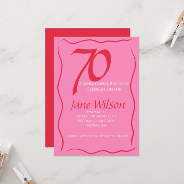 Convite Aniversário de 70 anos Feminino Elegante Rosa e Ve (Frente/Verso In Situ)