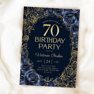 Convite Aniversário de 70 anos floral azul marinho dourado