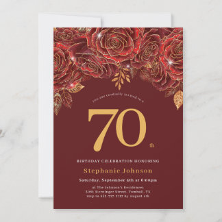 Convite Aniversário de 70 anos Floral Elegante Dourado Bor