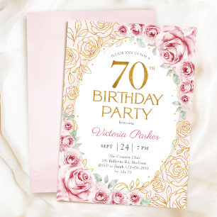Convite Aniversário de 70 anos Floral Rosa Bege Dourado Fe