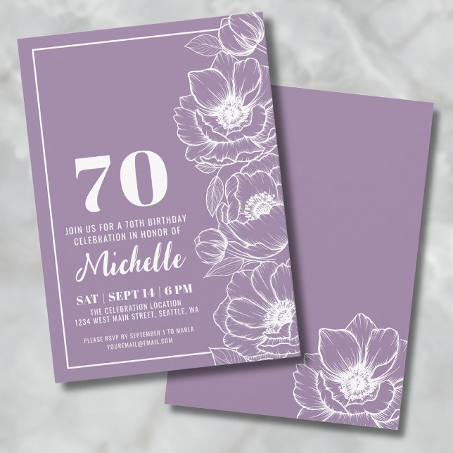 Convite Aniversário de 70 anos Floral Roxo (Floral Purple 70th Birthday Invitation)