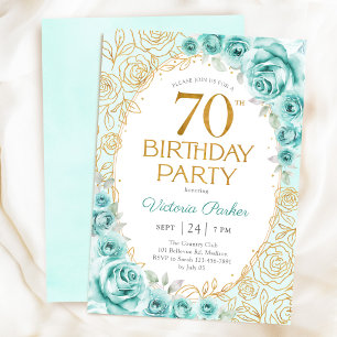 Convite Aniversário de 70 anos Floral Turquesa Dourado