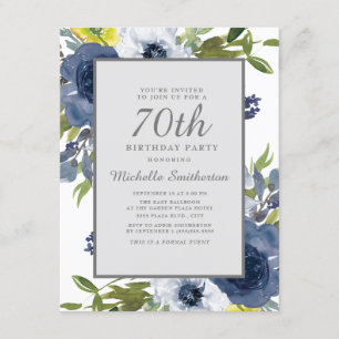 Convite Aniversário de 70 anos Navy Amarelo Branco Floral