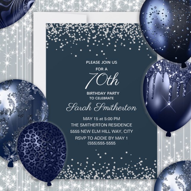 Convite Aniversário de 70 anos Navy Blue Silver Diamond Gl (Navy blue and silver glitter women's 70th birthday invitation)