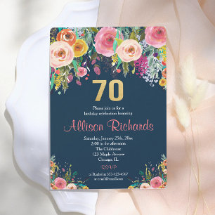 Convite Aniversário de 70 anos Navy Watercolor Floral