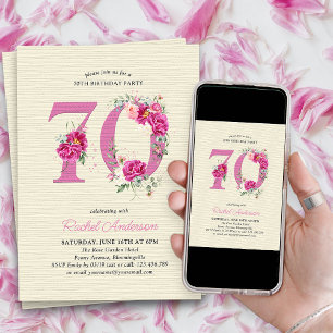 Convite Aniversário de 70 anos Peônia Rosa Número 70 Flora