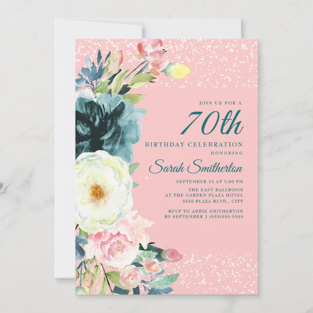 Convite Aniversário de 70 anos Pink Teal Cream Floral (Frente)