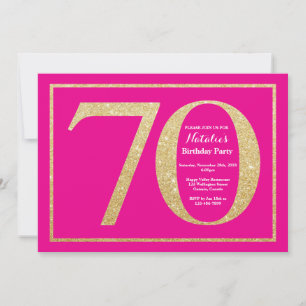 Convite Aniversário de 70 anos rosa quente e brilho dourad