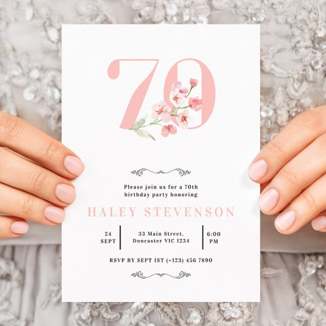 Convite Aniversário de 70 anos Simples Rosa e Branco Flora (Criador carregado)