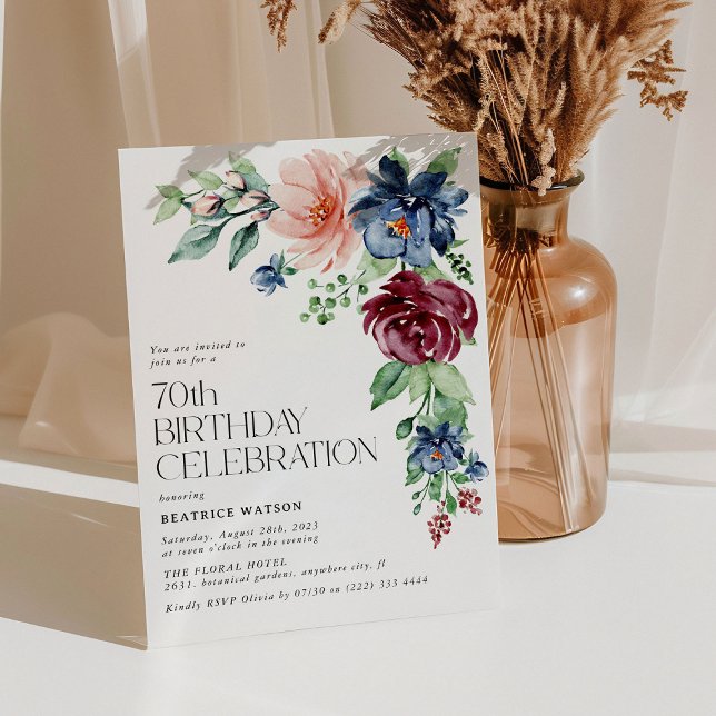 Convite Aniversário de 70 Floral de Aquarela Elegante (Criador carregado)