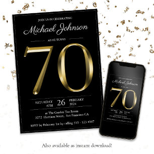 Convite Aniversário de 70 preto Texto Dourado Sólido Cl
