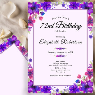 Convite Aniversário de 72 anos Elegante Floral Roxa