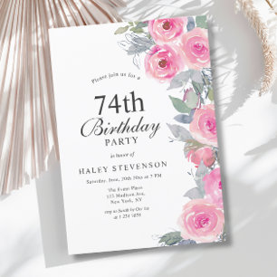 Convite Aniversário de 74 anos Floral Chic Feminino Rosa A