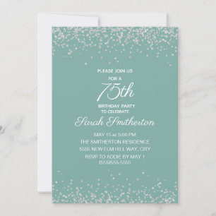 Convite Aniversário de 75 anos Aqua Mint Prata Brilho Diam