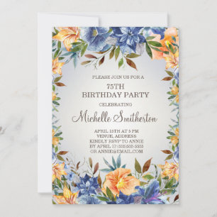 Convite Aniversário de 75 anos Blue Orange Floral