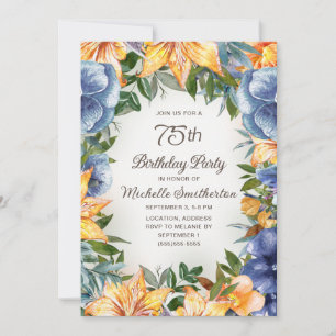 Convite Aniversário de 75 anos Blue Orange Floral
