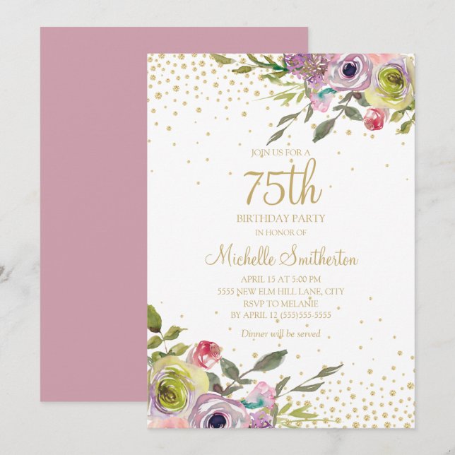 Convite Aniversário de 75 anos com Flores Rosa Amarelo Bri (Frente/Verso)