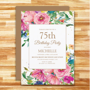 Convite Aniversário de 75 anos com Flores Rosa Amarelo Bri