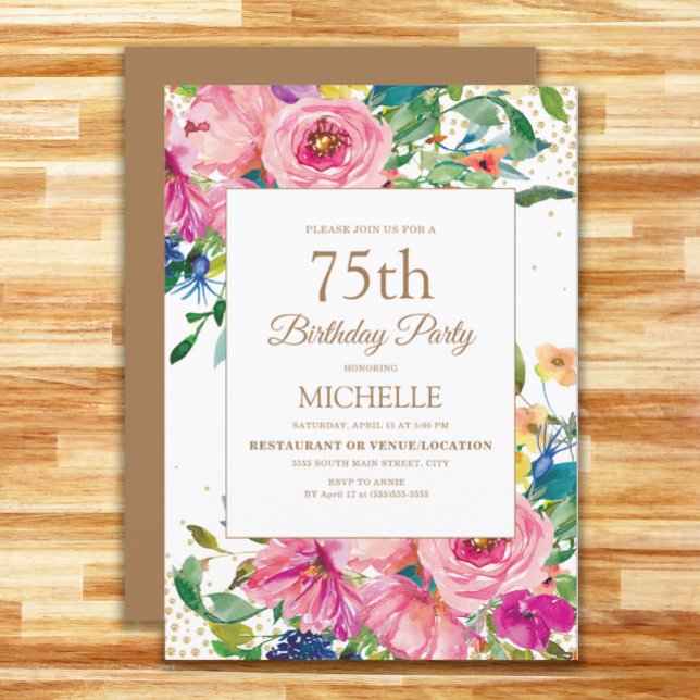 Convite Aniversário de 75 anos com Flores Rosa Amarelo Bri (Pink, yellow, and blue watercolor floral 75th birthday party invitation for women)