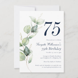Convite Aniversário de 75 anos com script de verde em aqua