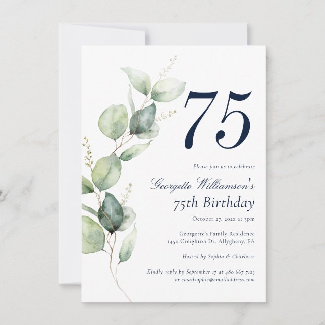 Convite Aniversário de 75 anos com script de verde em aqua (Frente)