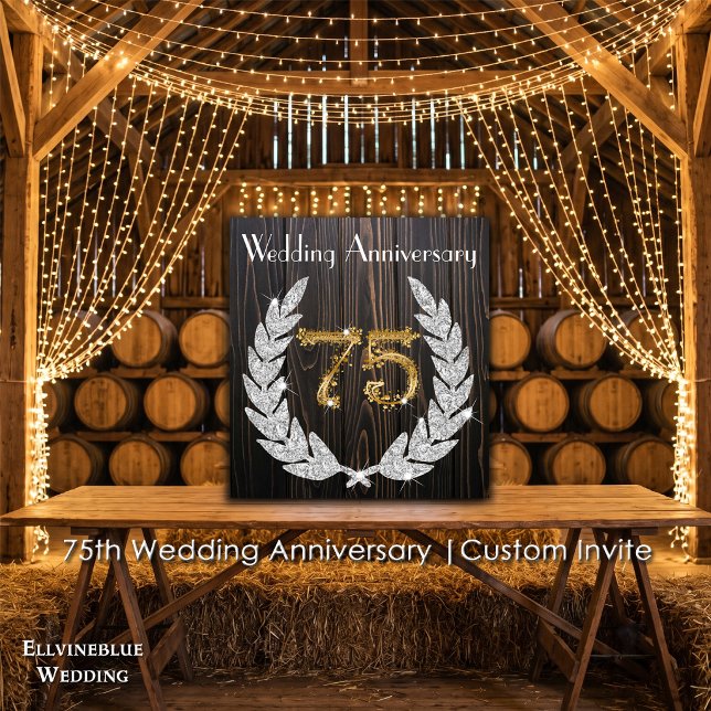 Convite Aniversário de 75 anos de Casamento | Madeira Rúst (75th Wedding Anniversary Invite | Rustic Wood & Diamond Laurel. Size: 5.25” x 5.25”)