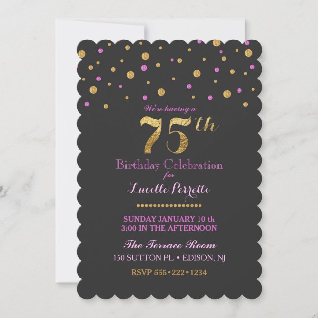 Convite Aniversário de 75 anos Dots de Confetes Rosa Doura (Frente)
