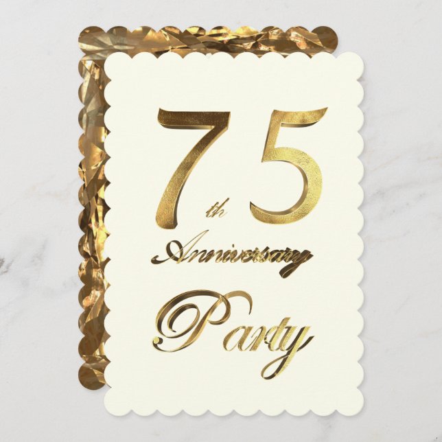 Convite Aniversário de 75 anos dourado marfim elegante (Frente/Verso)
