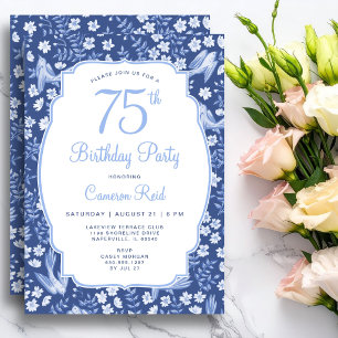 Convite Aniversário de 75 anos Elegante Feminino Floral Pá