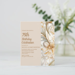 Convite Aniversário de 75 anos em Floral Aquarela Bege Ele
