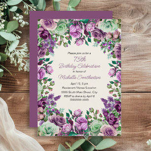Convite Aniversário de 75 anos em Floral Aquarela Roxo Ver