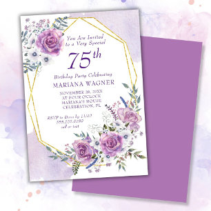 Convite Aniversário de 75 anos em Floral Roxo Aquarela Ele