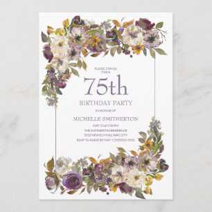 Convite Aniversário de 75 anos em Roxo Amarelo Marfim Flor