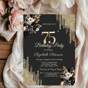 Convite Aniversário de 75 anos escuro com rosas pretas e g