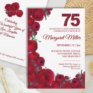 Convite Aniversário de 75 anos Floral Vermelho Ousado Eleg