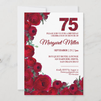 Convite Aniversário de 75 anos Floral Vermelho Ousado Eleg