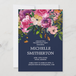 Convite Aniversário de 75 anos Rosa Roxo Floral Azul Marin