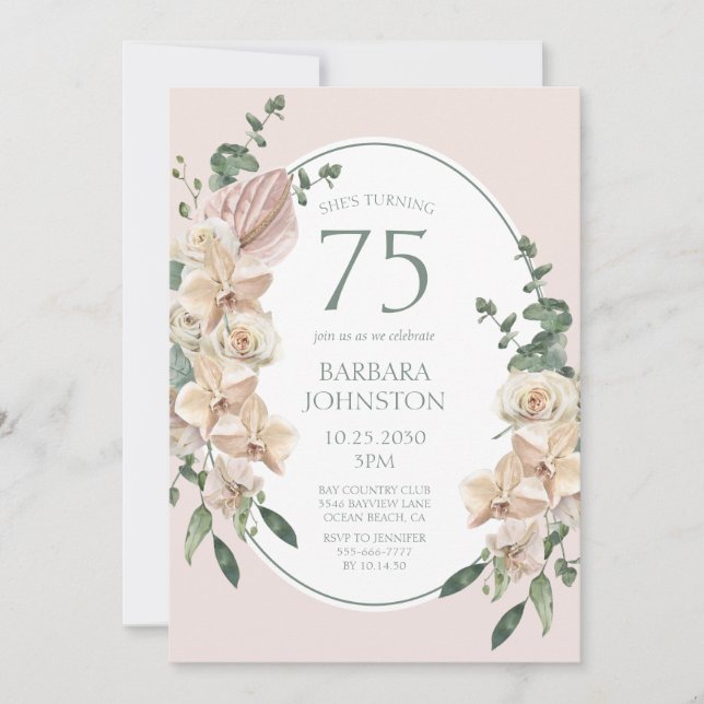 Convite Aniversário de 75 anos Tropical Floral (Frente)