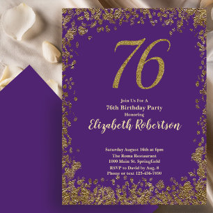 Convite Aniversário de 76 anos Roxo Dourado Elegante