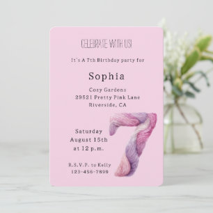 Convite Aniversário de 7 anos Cozy Rosa Lavanda Roxo