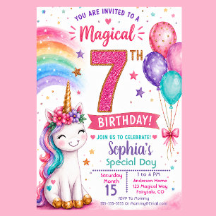 Convite Aniversário de 7 anos da Menina Unicórnio Mágica