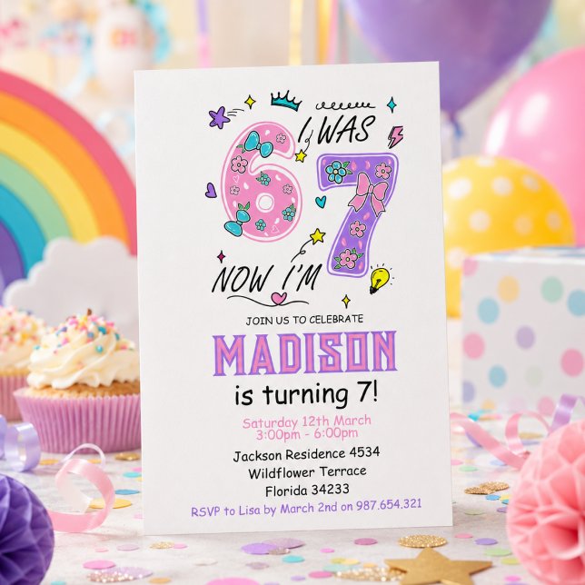 Convite Aniversário de 7 anos do Arco-íris | Festa “Eu Era (rainbow 7th Birthday | “I Was 6, Now 7” Party Invitation
)