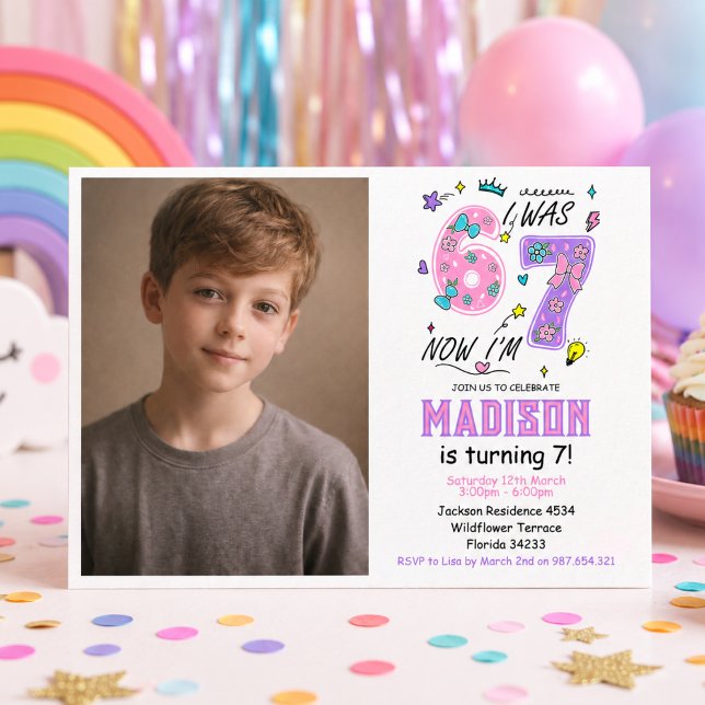 Convite Aniversário de 7 anos do Arco-íris | Festa “Eu Era (rainbow 7th Birthday | “I Was 6, Now 7” Party Invitation
)