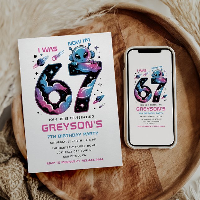 Convite Aniversário de 7 anos do Cute Space | Seis e Sete  (Cute Space 7th Birthday | Six & Seven Year Old Invitation
)