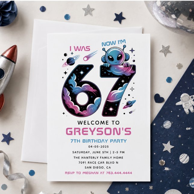 Convite Aniversário de 7 anos do Espaço Fofo | Seis e Sete (Cute Space 7th Birthday | Six & Seven Year Old Invitation)