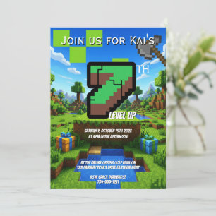 Convite Aniversário de 7 anos do Gamer Pixelado Verde Subi