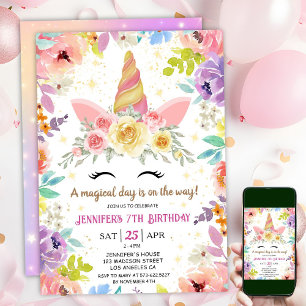Convite Aniversário de 7 anos do Unicórnio Colorido Floral