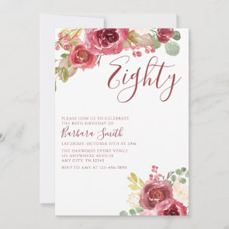 Convite Aniversário de 80 anos Burgundy Floral Aquarela El