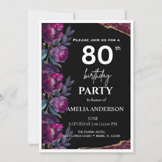Convite Aniversário de 80 anos Burgundy Floral Moody Elega