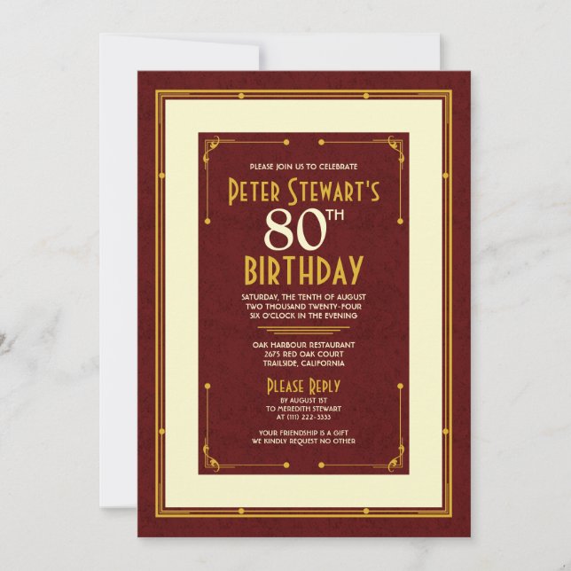 Convite Aniversário de 80 anos clássico do homem simples e (Frente)